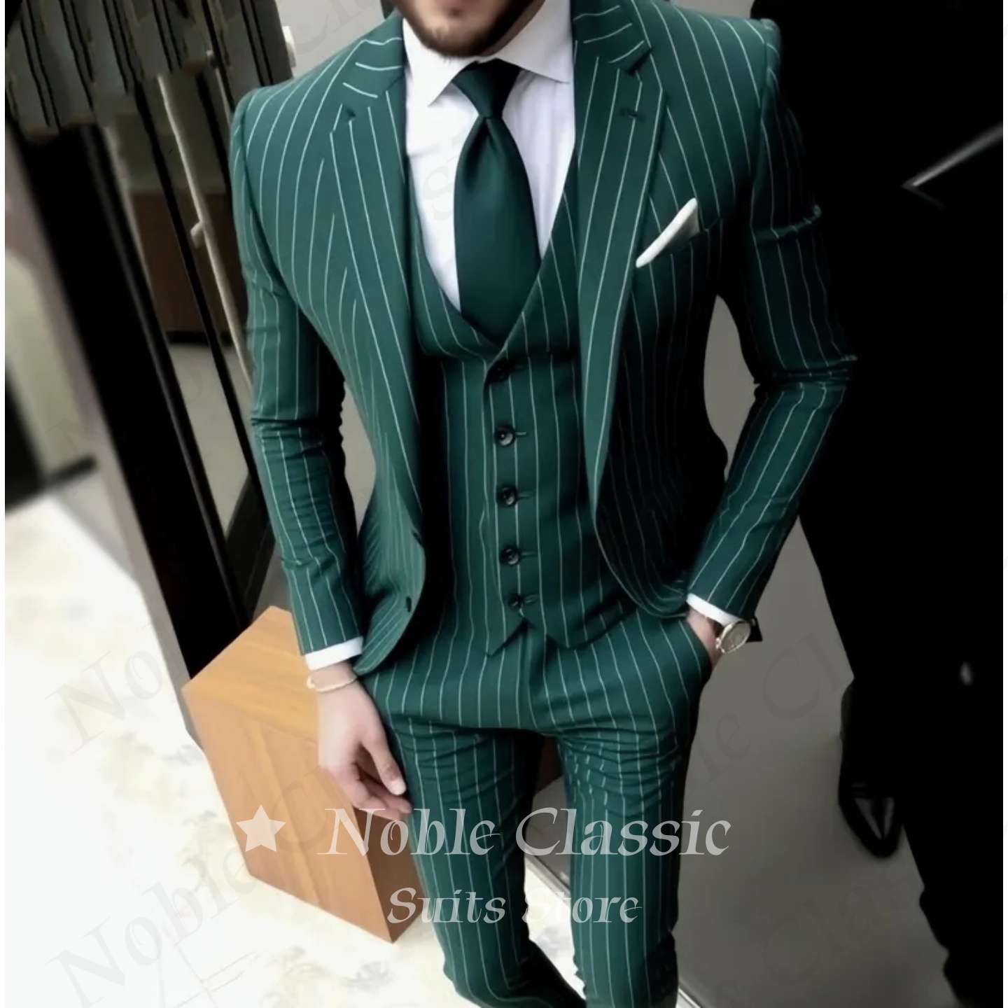 Men Formal Wear Wedding Guest - Setelan Pria Hijau Bergaris Slim Fit