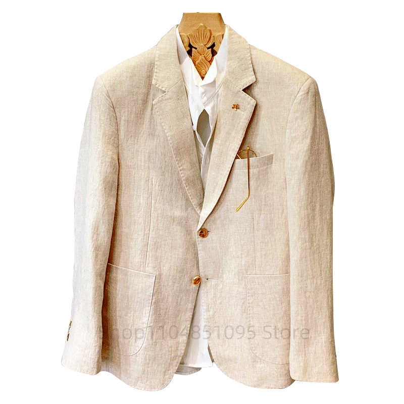 Men Formal Wear Summer - Jas Linen Pria Warna Beige, Blazer
