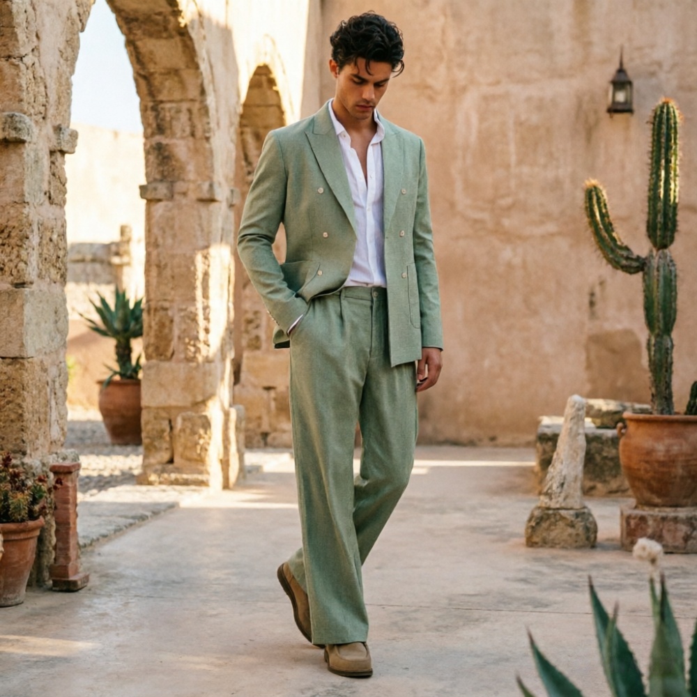 Men Formal Wear Wedding Guest - Setelan Pria Linen Hijau Sage Santai