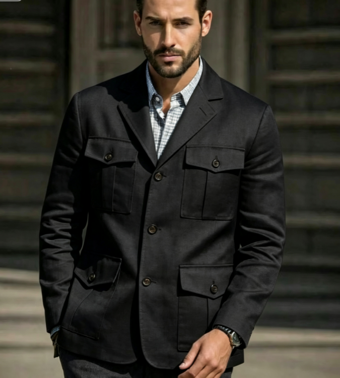 Blazer Safari Linen Biru Pria  - Men'S Formal Resort Wear ulasan dan harga